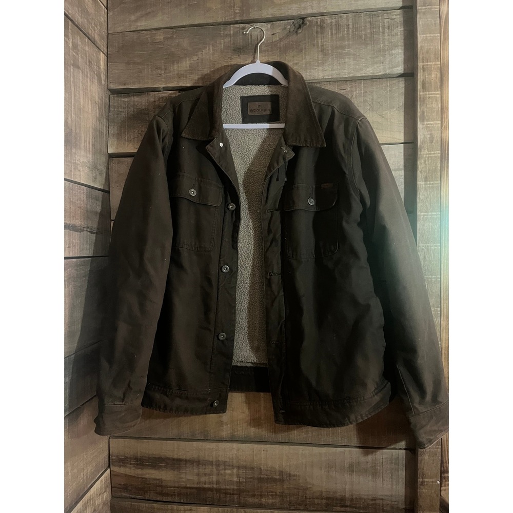 Woolrich Mens Sherpa Lined Canvas Work Jacket Brown Corduroy Collar Medium